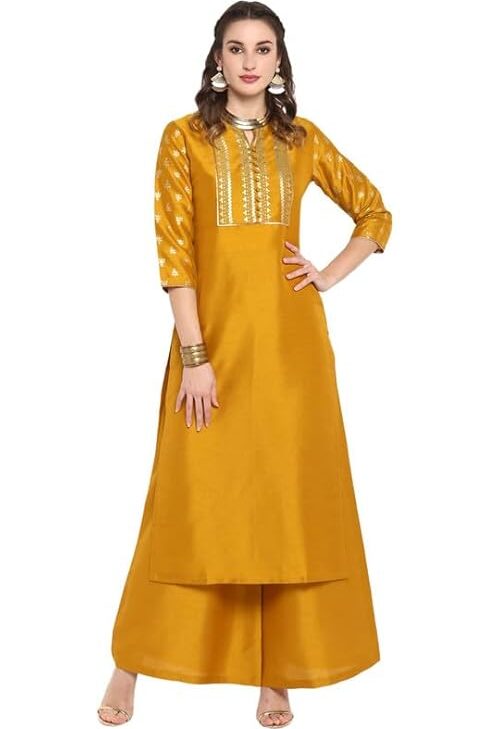 Women's Mustard Silk Blend Foil Printed Kurta with Palazzo