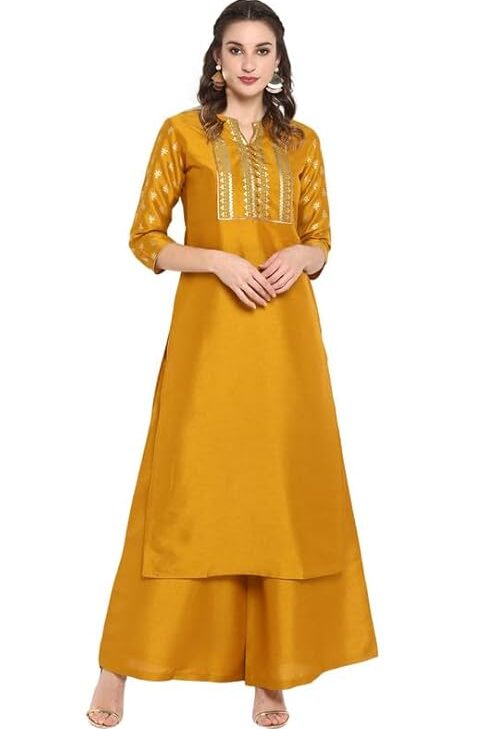 Women's Mustard Silk Blend Foil Printed Kurta with Palazzo