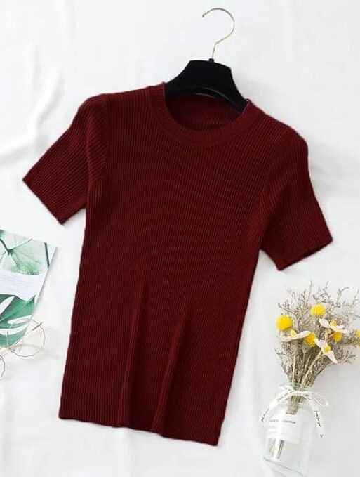 Plain Round Neck Rib Knit Regular Top for Women