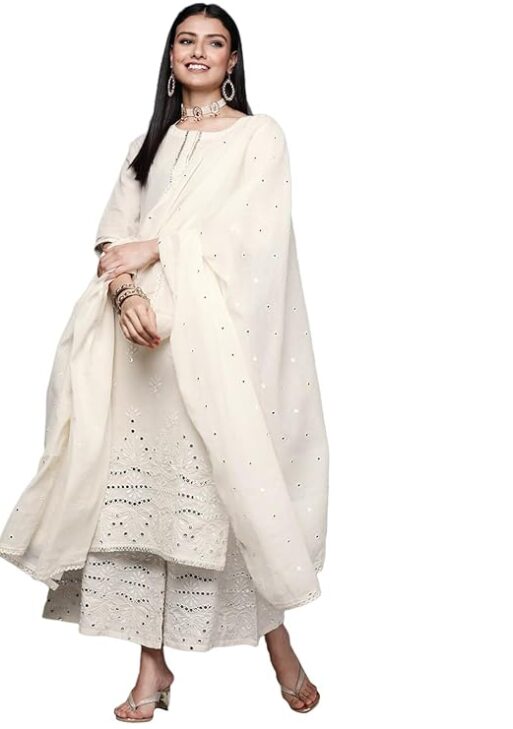 Embroidered Cotton Straight Kurta & Palazzo With Dupatta