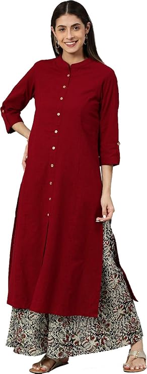 Cambric Cotton Solid & Kalamkari Printed Straight Kurta Palazzo Set For Women