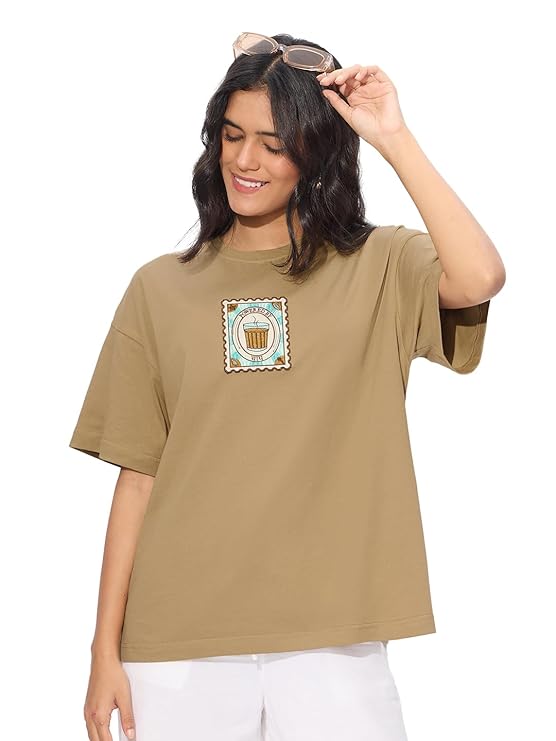 Short Sleeves Round Neck Brown Applique Patch Cotton Oversized T-Shirts