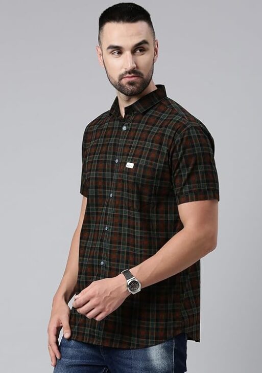 Men Cotton Checkered Half Sleeve Slim Fit Casual Shirt