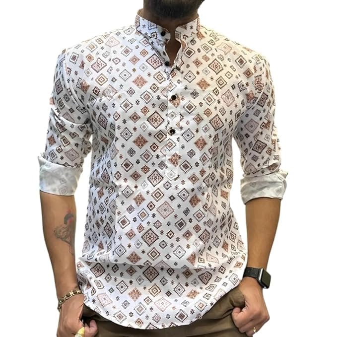 Cotton Men's Printed Kurta | Shirt Type Kurta | Full Sleeve | Casual Wear