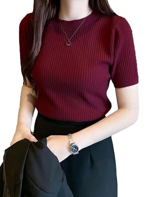 Plain Round Neck Rib Knit Regular Top for Women