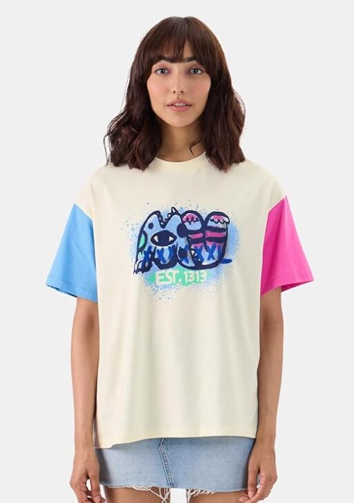 Short Sleeve Round Neck Multicolor Graphic Printed Cotton Oversized