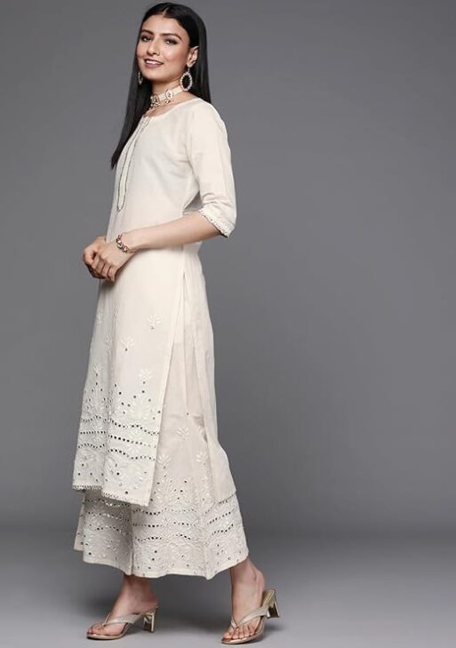 Embroidered Cotton Straight Kurta & Palazzo With Dupatta