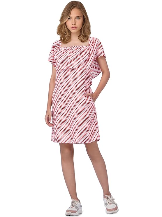 White & Maroon Striped A-Line Mini Dress