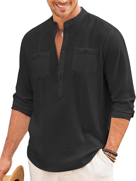 Cotton Blend Solid Casual Short Kurta for Men Long Sleeve