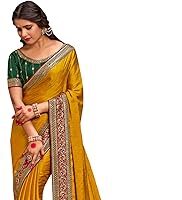 Women's Pink Satin Silk Embroidered Saree with Unstitched Blouse Piece