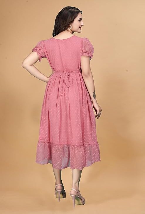 rinted Polka Dot Pattern Puff Sleeves Maxi Dress for Women