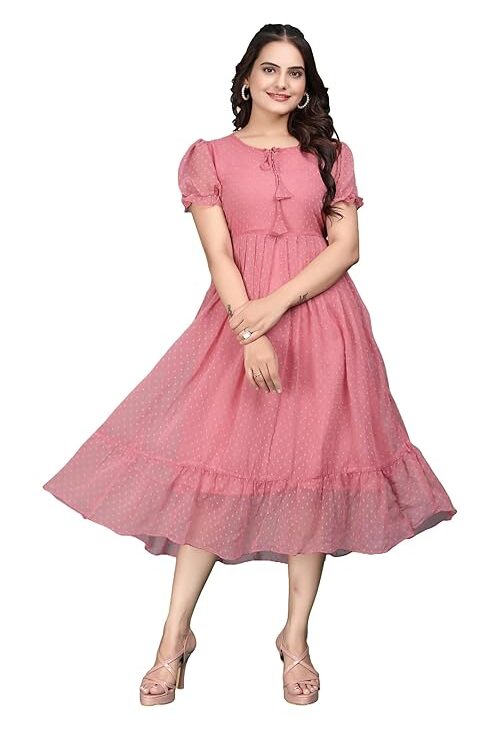 rinted Polka Dot Pattern Puff Sleeves Maxi Dress for Women