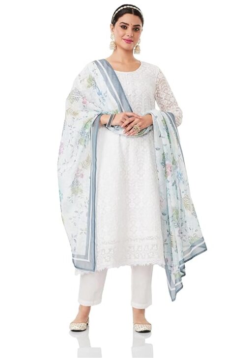 Women's Organza Relaxed Chikankari A-Line Kurta Pant Set with Dupatta