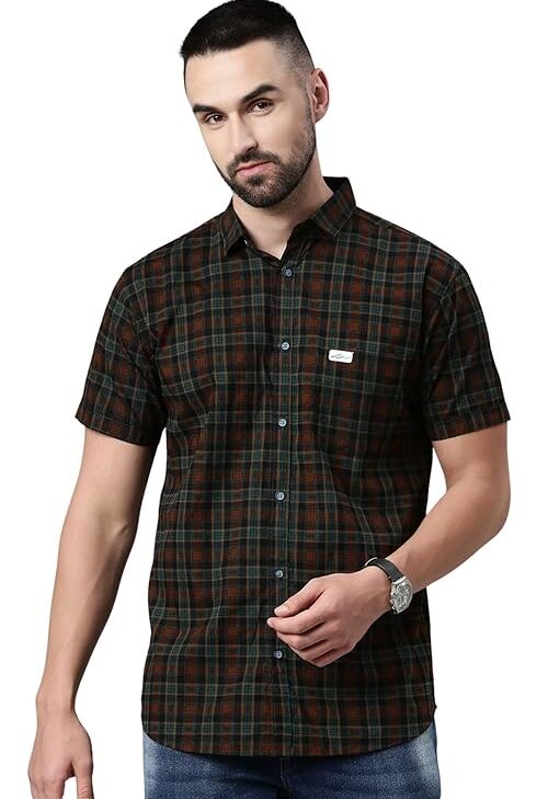 Men Cotton Checkered Half Sleeve Slim Fit Casual Shirt