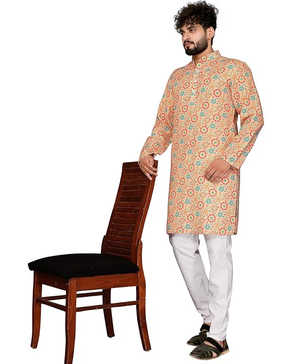 Floral Regular Men's Cotton Blend Printed Kurta with Full Sleeves Ankle Length - Image 2