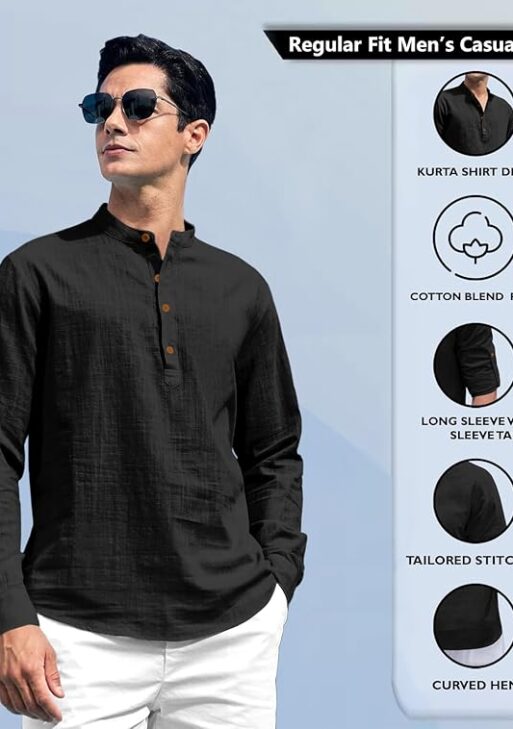 Cotton Blend Solid Casual Regular Fit Mandarin/Chinese Collor Short Kurta for Men
