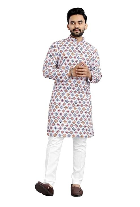 Men's Cotton Blend Regular Fit Casual Regular Printed Long Kurta