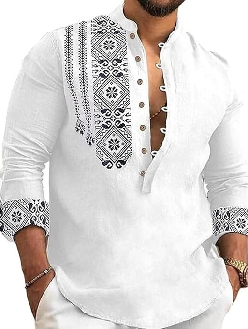 Cotton Blend Mandarin Collar Self One Design Full Sleeve Casual Short