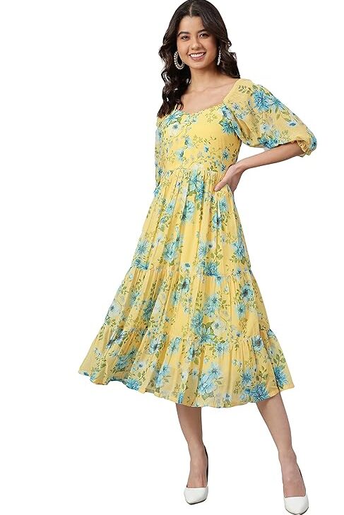 Fit and Flare Knee Length Georgette Floral Printed Flared Western Dress