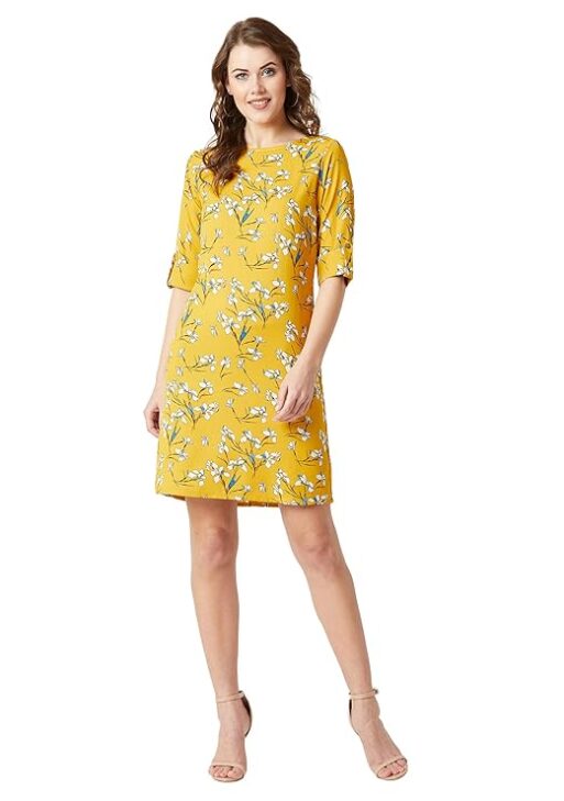 Women's Yellow Round Neck Floral Knee-Long Shift Dress