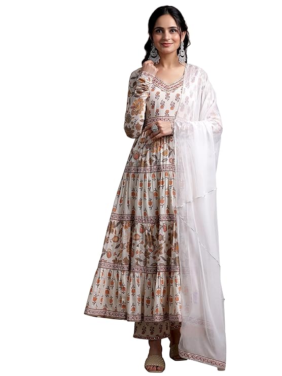 White Printed Cotton A-Line Kurta With Palazzos & Dupatta