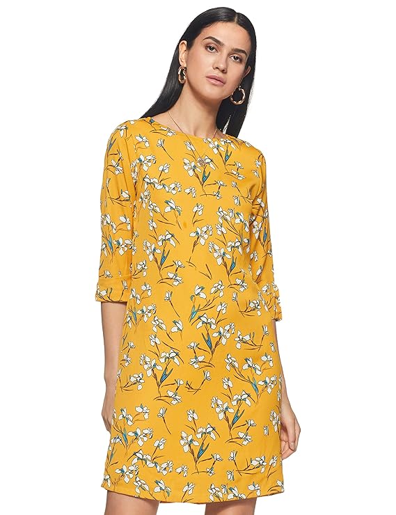 Women's Yellow Round Neck Floral Knee-Long Shift Dress