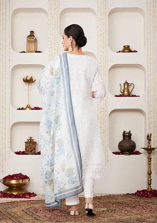 Women's Organza Relaxed Chikankari A-Line Kurta Pant Set with Dupatta